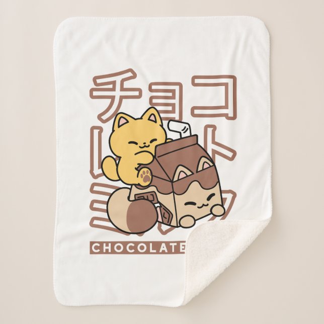 Cute Cat Riding Chocolate Milk Carton Kawaii Art Sherpa Blanket (Front)