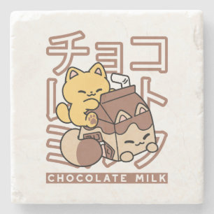 Cute Cat Riding Chocolate Milk Carton Kawaii Art Stone Coaster