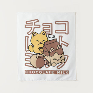 Cute Cat Riding Chocolate Milk Carton Kawaii Art Tapestry