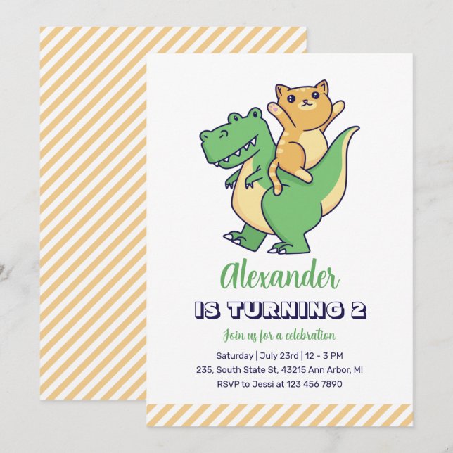 Cute Cat Riding T-Rex Dinosaur Kids Dino Birthday Invitation (Front/Back)