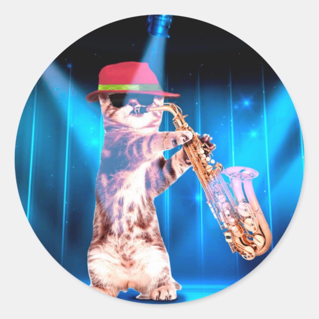 Cute Cat Saxophonist Classic Round Sticker (Front)