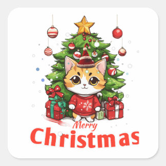 Cute Cat say's merry Christmas  Square Sticker