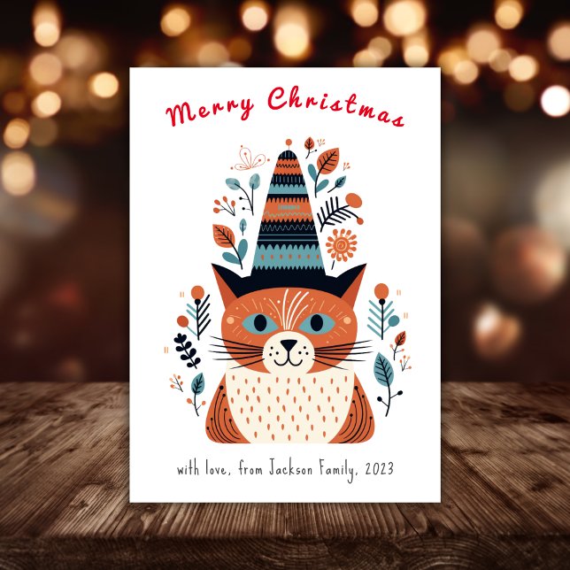 Cute Cat Scandinavian Folk Art Christmas  Holiday Card (Scandinavian Folk Art Christmas Card)
