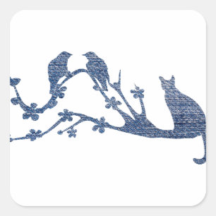 Cute Cat Silhouette Birds Blue Denim Colours Square Sticker