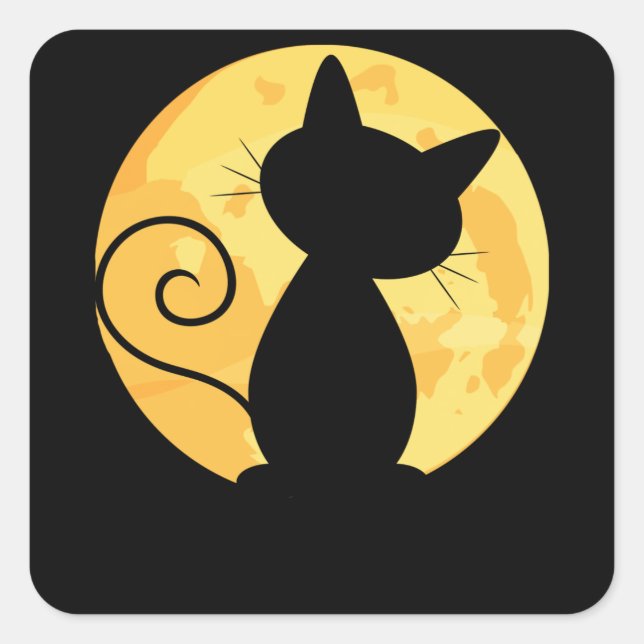 Cute Cat Silhouette Full Moon Halloween Funny Square Sticker (Front)