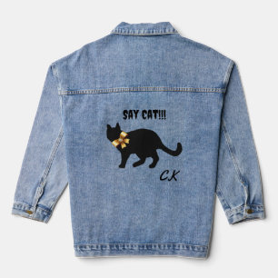 Cute Cat Silhouette with Gold Jewel Bow Denim Jacket