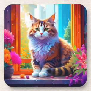 Cute Cat Sitting in City Window Ai Art Coaster