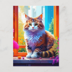Cute Cat Sitting in City Window Ai Art Postcard