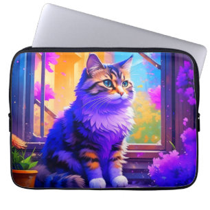 Cute Cat Sitting in Window Ai Art Laptop Sleeve