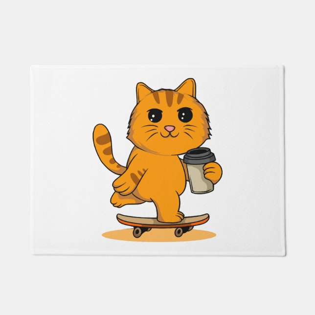 Cute Cat Skateboarding Doormat (Front)
