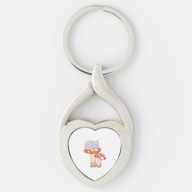 Cute Cat Sleeping on Mushroom Keychain (Front)