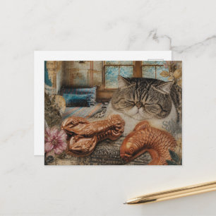 Cute Cat Sleeping With Lobster and Fish Postcard