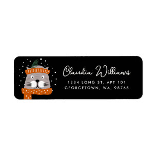 Cute Cat & Snowflakes Winter Black Return Address