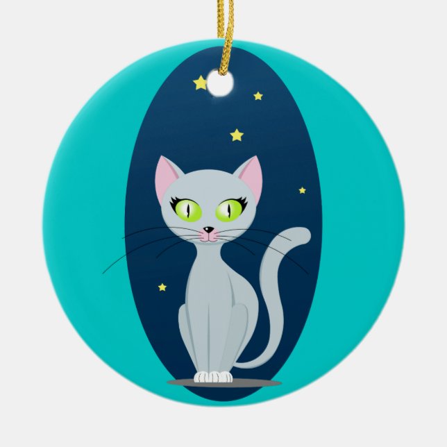 Cute Cat Starry night sky Cartoon on Custom colour Ceramic Ornament (Front)