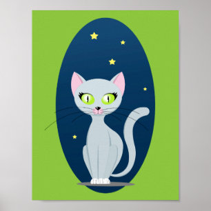 Cute Cat Starry night sky Cartoon on Custom colour Poster