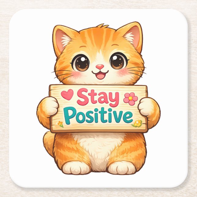 Cute Cat Stay Positive Artwork Square Paper Coaster (Front)