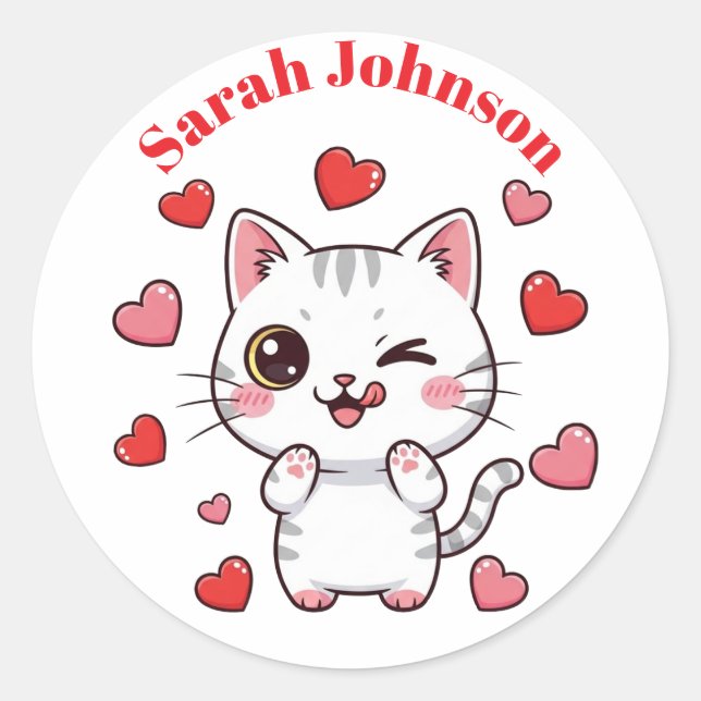 Cute Cat Sticker with Hearts and Customizable Name (Front)