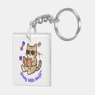 Cute cat studying with sunglasses funny keychain
