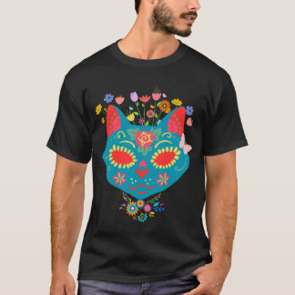 Cute Cat Sugar Skull Full of Colour and Flowers T-Shirt