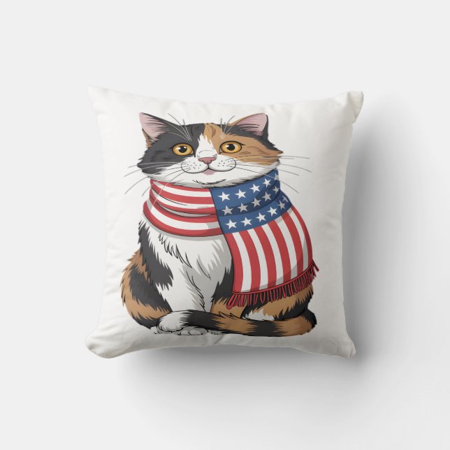 cute cat summer Flag US Memorial Day Throw Pillow (Front)