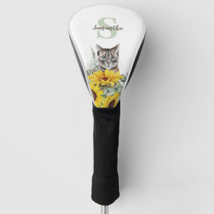 Cute Cat Sunflower Monogram Name Golf Head Cover