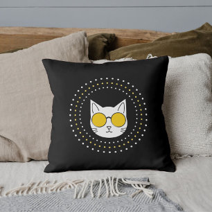 Cute Cat Sunglasses And Dot In Yellow Black White Throw Pillow