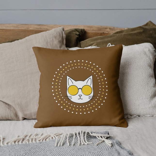 Cute Cat Sunglasses And Dot In Yellow Blue White Throw Pillow (Creator Uploaded)