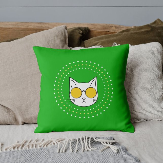 Cute Cat Sunglasses And Dot In Yellow Blue White Throw Pillow (Creator Uploaded)