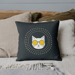 Cute Cat Sunglasses And Dot In Yellow White Grey Throw Pillow