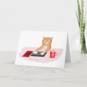 Cute cat surfing the internet on a computer card