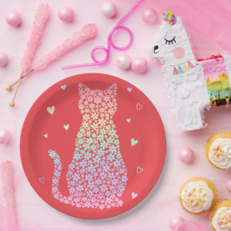  cute cat sweet rainbow hearts pastel gradient paper plate