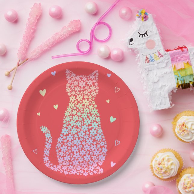  cute cat sweet rainbow hearts pastel gradient paper plate (Party)