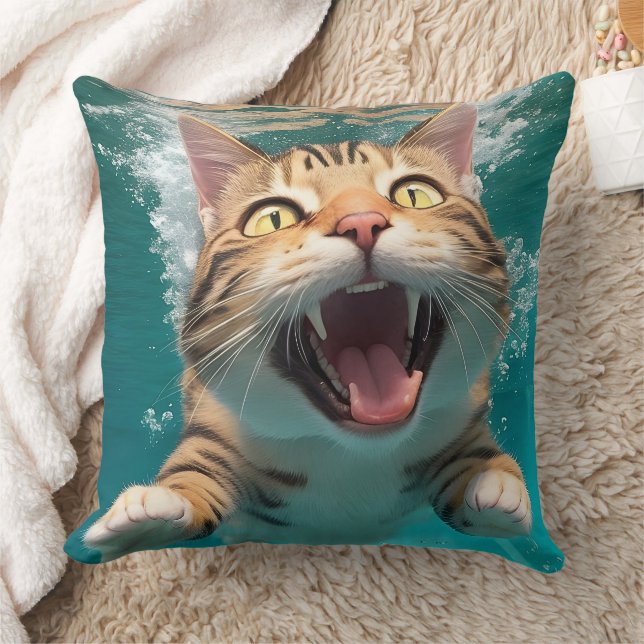 Cute Cat Swimming Diving Underwater in Pool Funny Throw Pillow (Blanket)