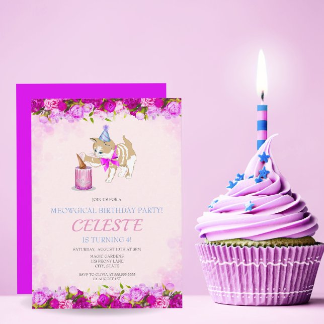 Cute Cat Swiping At Cake With Peonies and Glitter Invitation (Creator Uploaded)