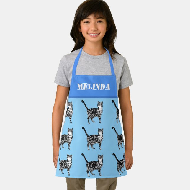 Cute Cat Tabby Pattern Blue Cats Kids Girls Apron (Insitu)
