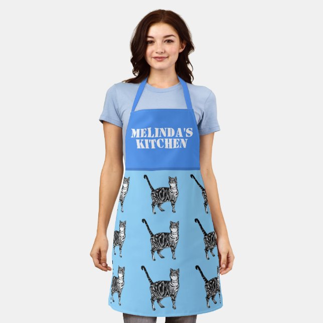 Cute Cat Tabby Pattern Blue Cats Womans Kitchen Apron (Worn)
