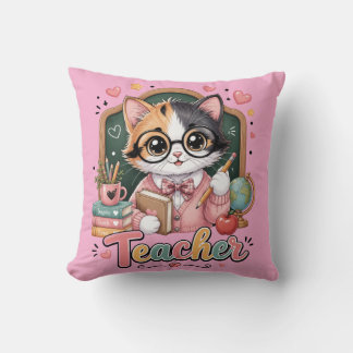 Cute Cat Teacher  pink Throw Pillows