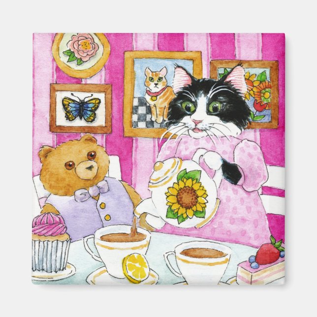 Cute Cat, Teddy Bear, Tea, Cupcake magnet (Front)
