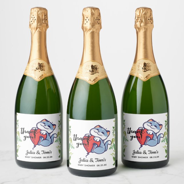 Cute Cat Thank You Baby Shower Gold Sparkling Wine Label (Bottles)