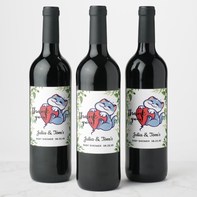 Cute Cat Thank You Baby Shower Wine Label (Bottles)