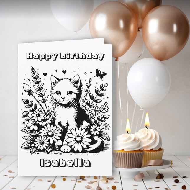 Cute Cat themed Colouring Page Girl's Birthday Card (Creator Uploaded)