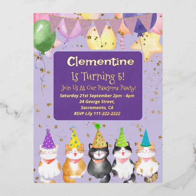 Cute Cat-Themed Kids Purple Birthday Party Foil In Foil Invitation Postcard (Front)