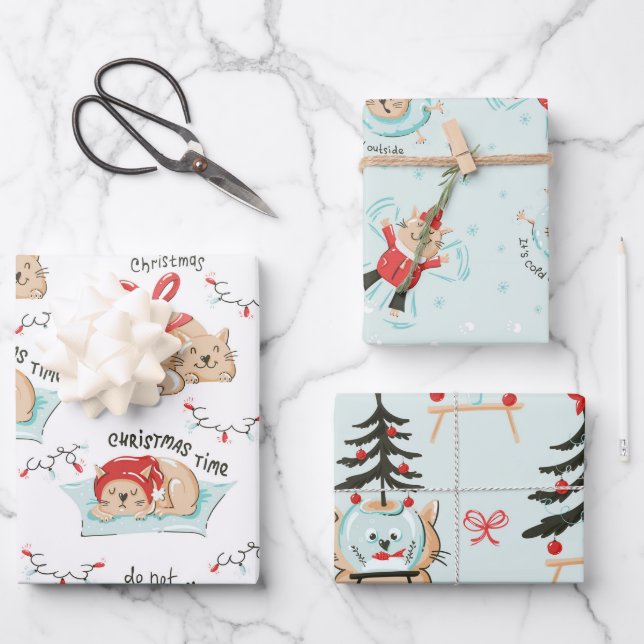 Cute Cat Themed Meowy Christmas Pattern Wrapping Paper Sheet (Front)
