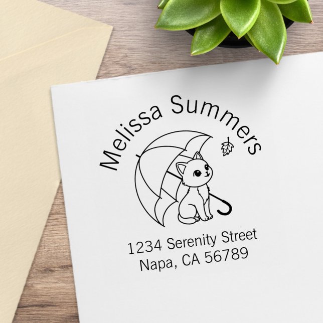 Cute Cat Umbrella Leaf Arch Address Rubber Stamp (Creator Uploaded)
