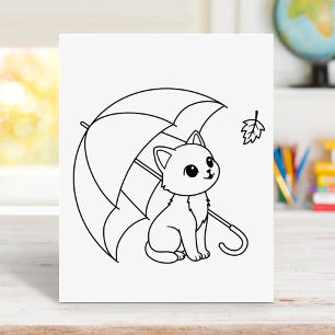 Cute Cat Umbrella Leaf Coloring Page Poster