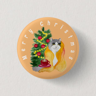 Cute cat under a cozy blanket with a cup of tea 1 inch round button