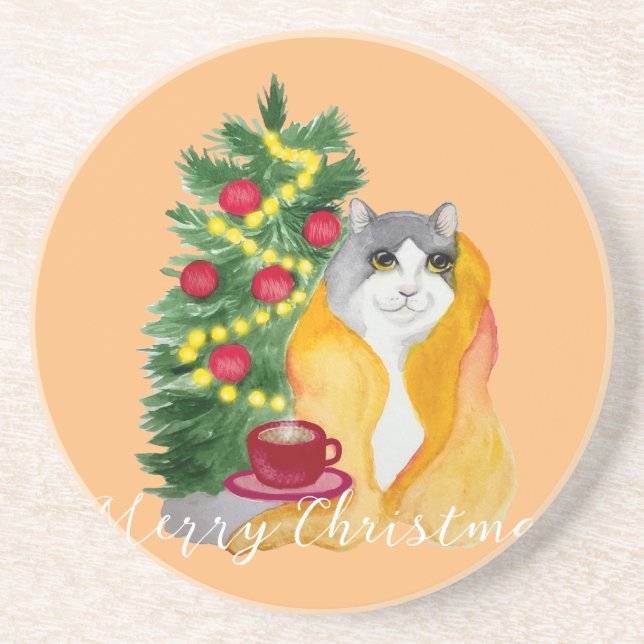 Cute cat under a cozy blanket with a cup of tea coaster (Front)