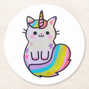 Cute cat unicorn rainbow round paper coaster