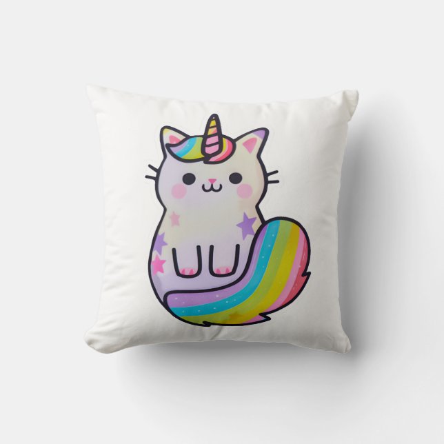 Cute cat unicorn rainbow throw pillow (Front)