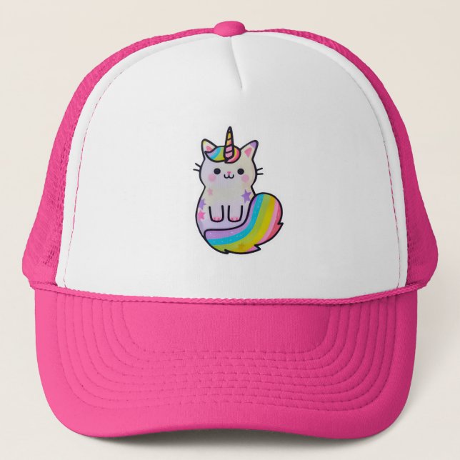 Cute cat unicorn rainbow trucker hat (Front)